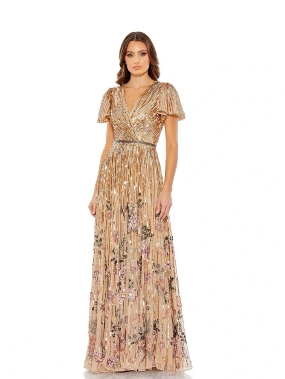Mac Duggal Gold Sequin Embroidered Midi Dress with Floral Accents